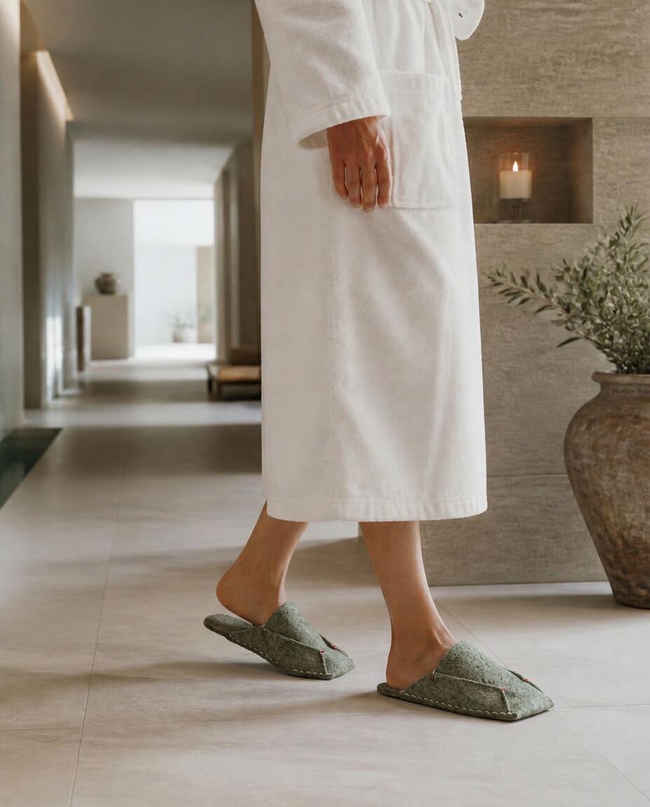 Guest walking through a spa corridor in BAABUK wool slippers