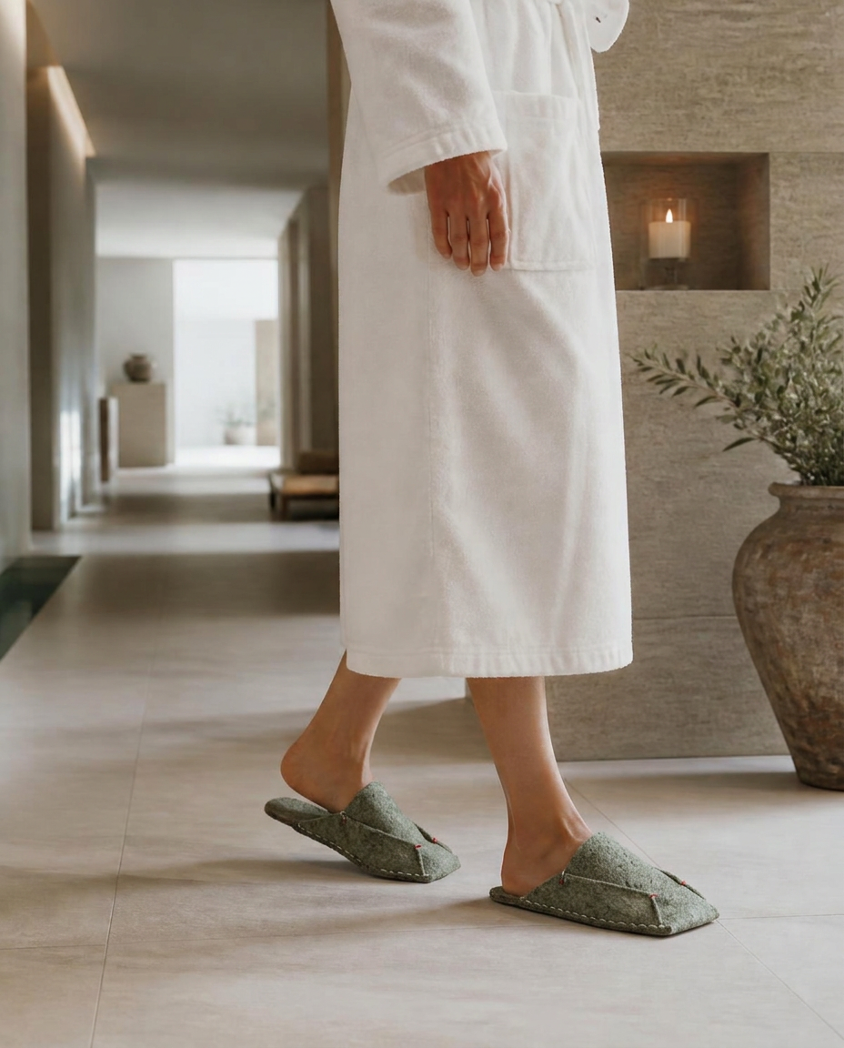 Guest walking through a spa corridor in BAABUK wool slippers