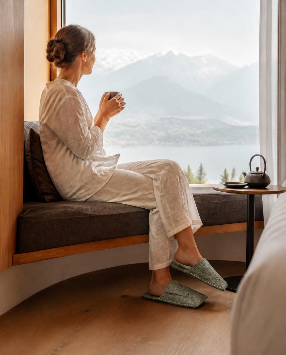 Guest on a suite window seat with tea, wearing BAABUK wool slippers