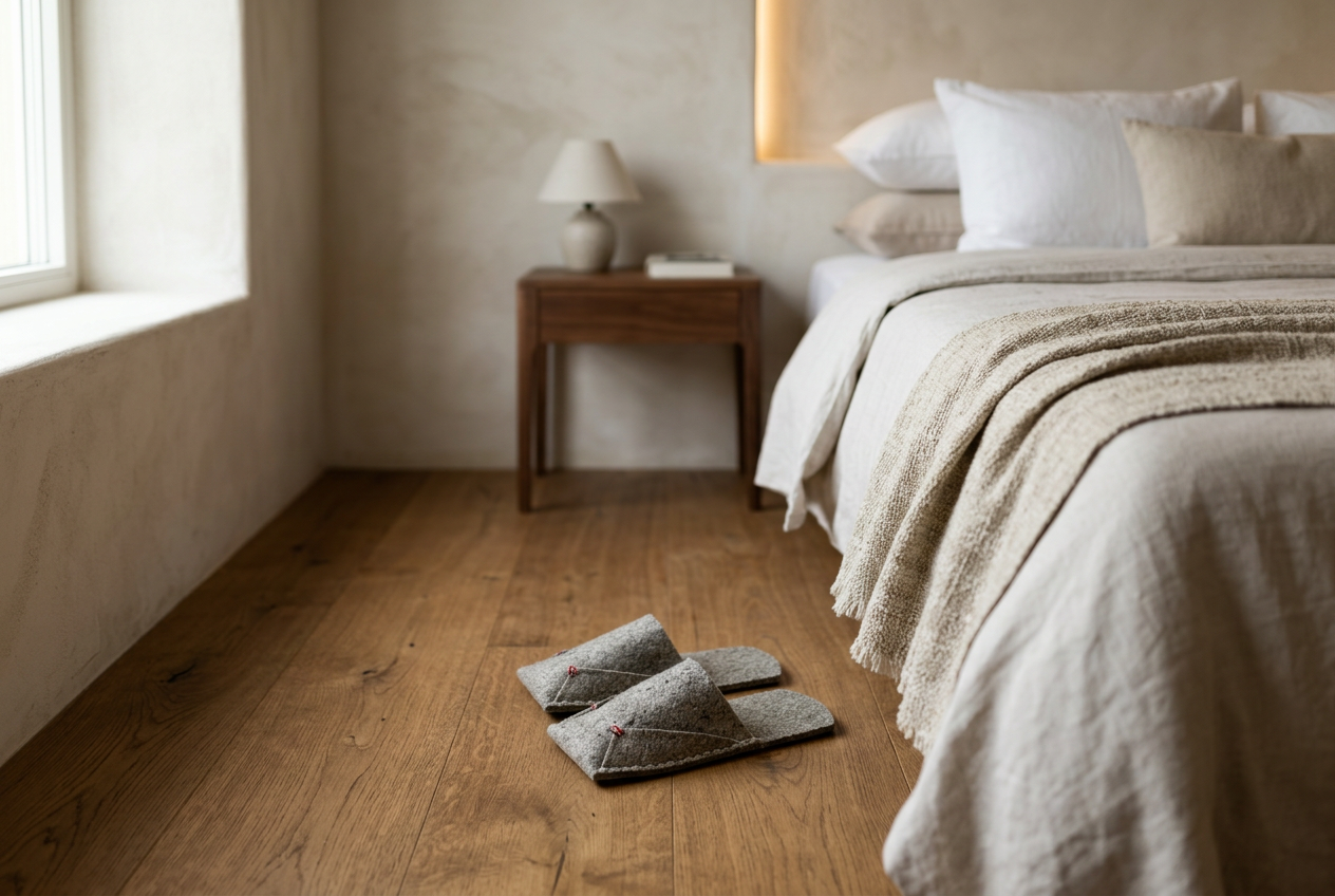 Grey felted wool BAABUK slippers on the oak floor beside a made hotel bed in morning light
